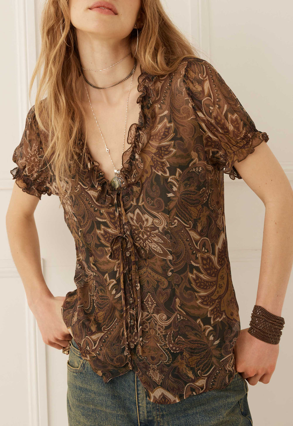 Damask S/Sleeve Blouse - Walnut