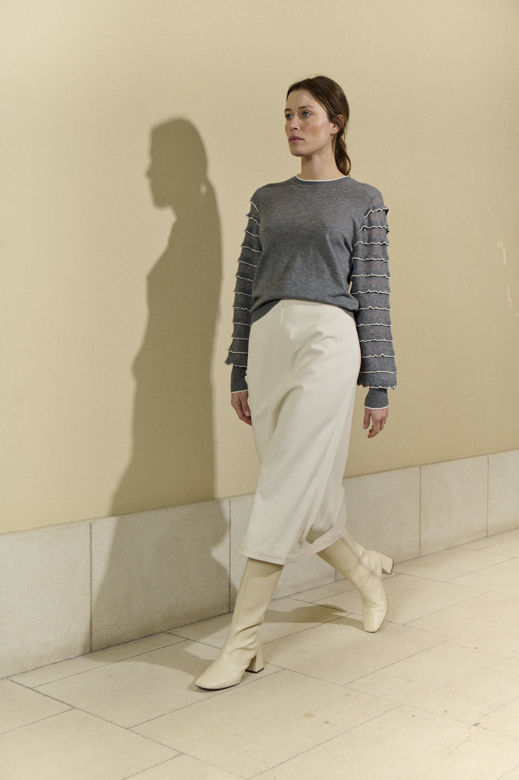 Grey Sweater with Ruffled Sleeve