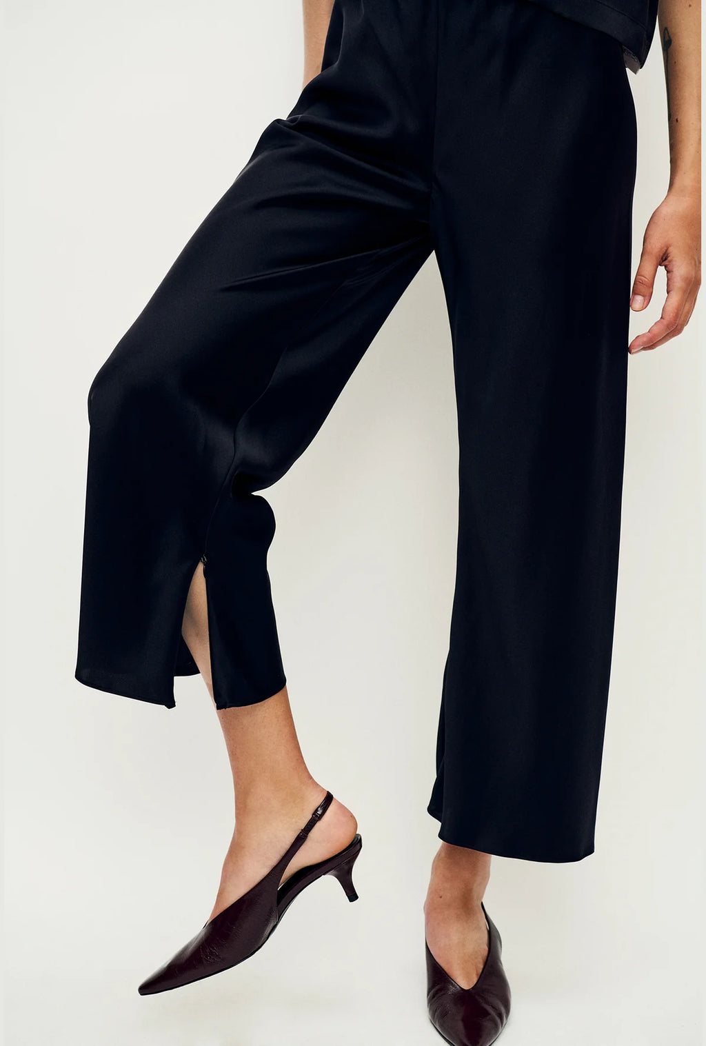 Midi Bias Cut Pants - Black Satin