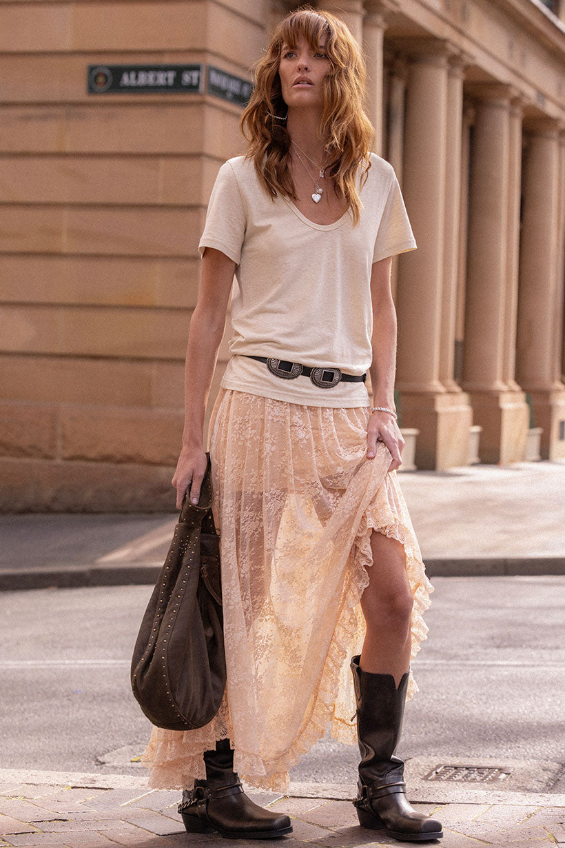 Labyrinth Lace Maxi Skirt - Peach Bliss