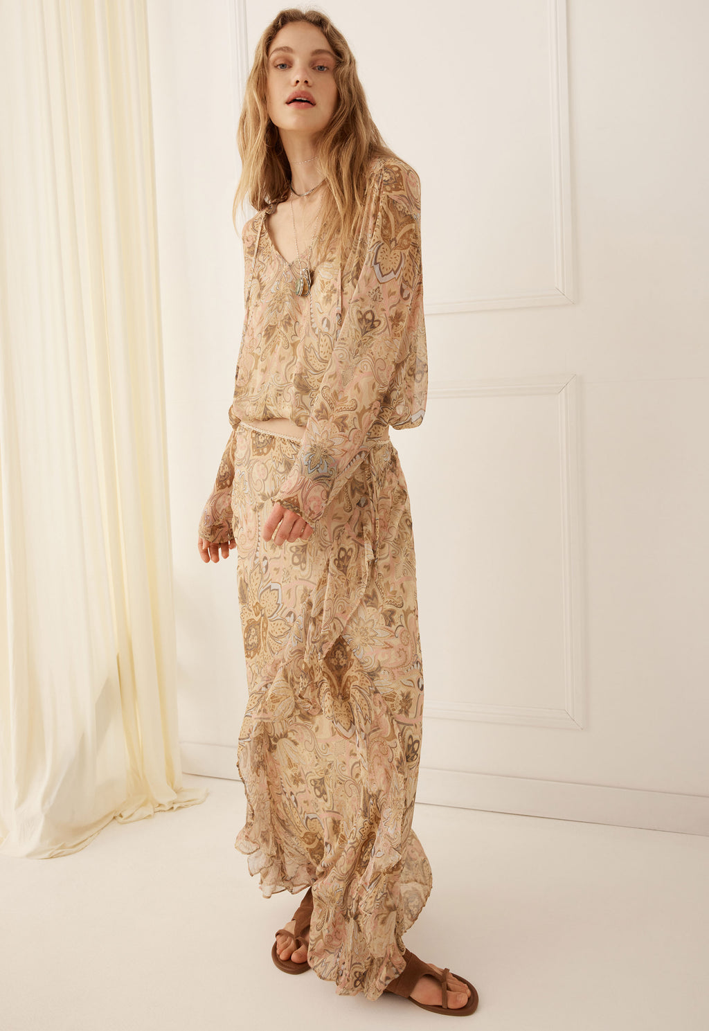 Damask L/Sleeve Blouse - Chai