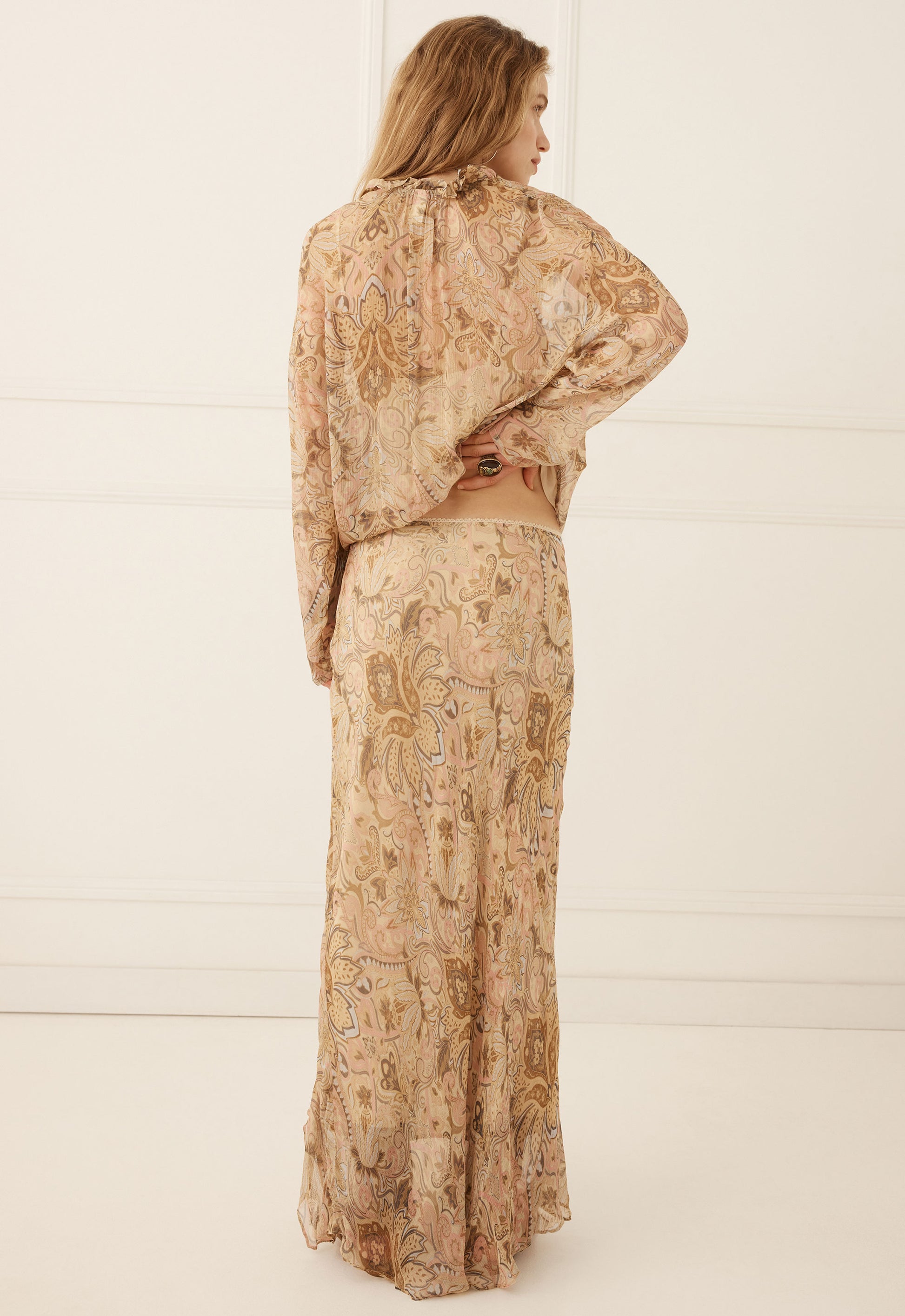 Damask Ruffle Midi Skirt - Chai