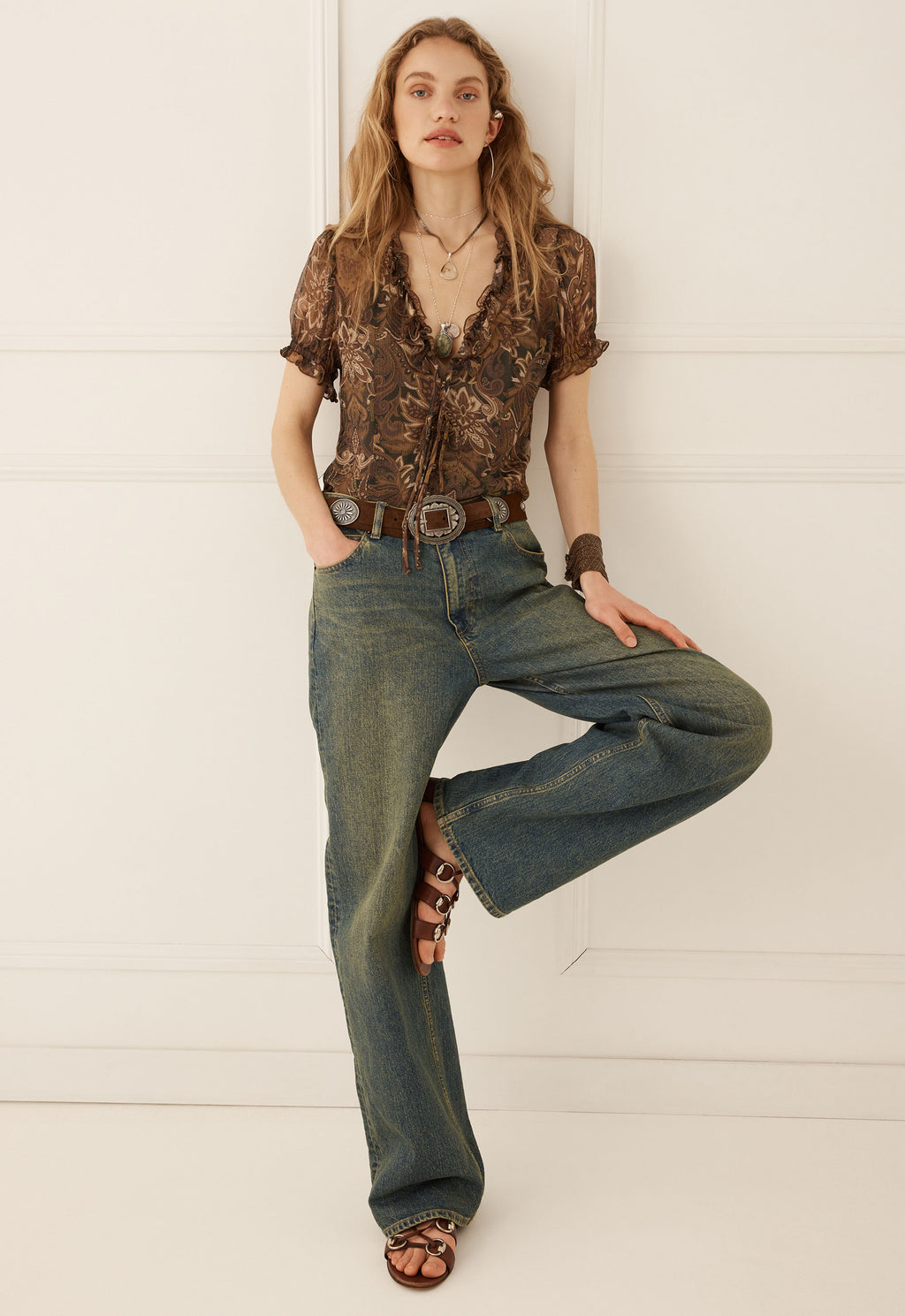 Damask S/Sleeve Blouse - Walnut