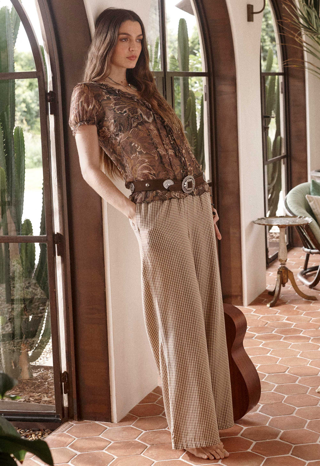 Damask S/Sleeve Blouse - Walnut