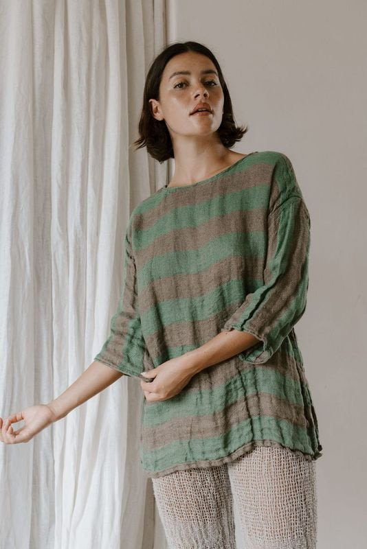 Positano Top with 3/4 Sleeve - Earth Cactus Stripe