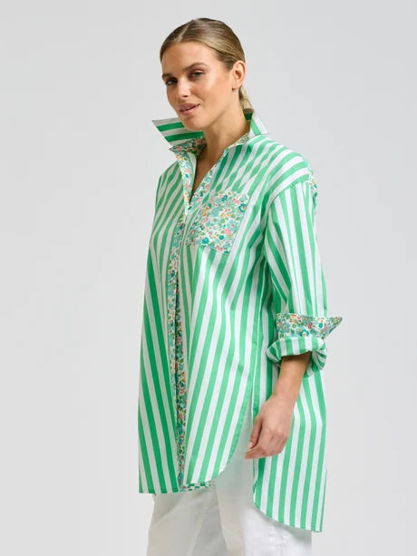 Nessa  Boyfriend Shirt - Green Stripes with Floral Trim