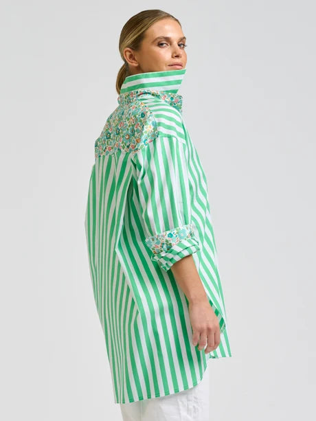 Nessa  Boyfriend Shirt - Green Stripes with Floral Trim