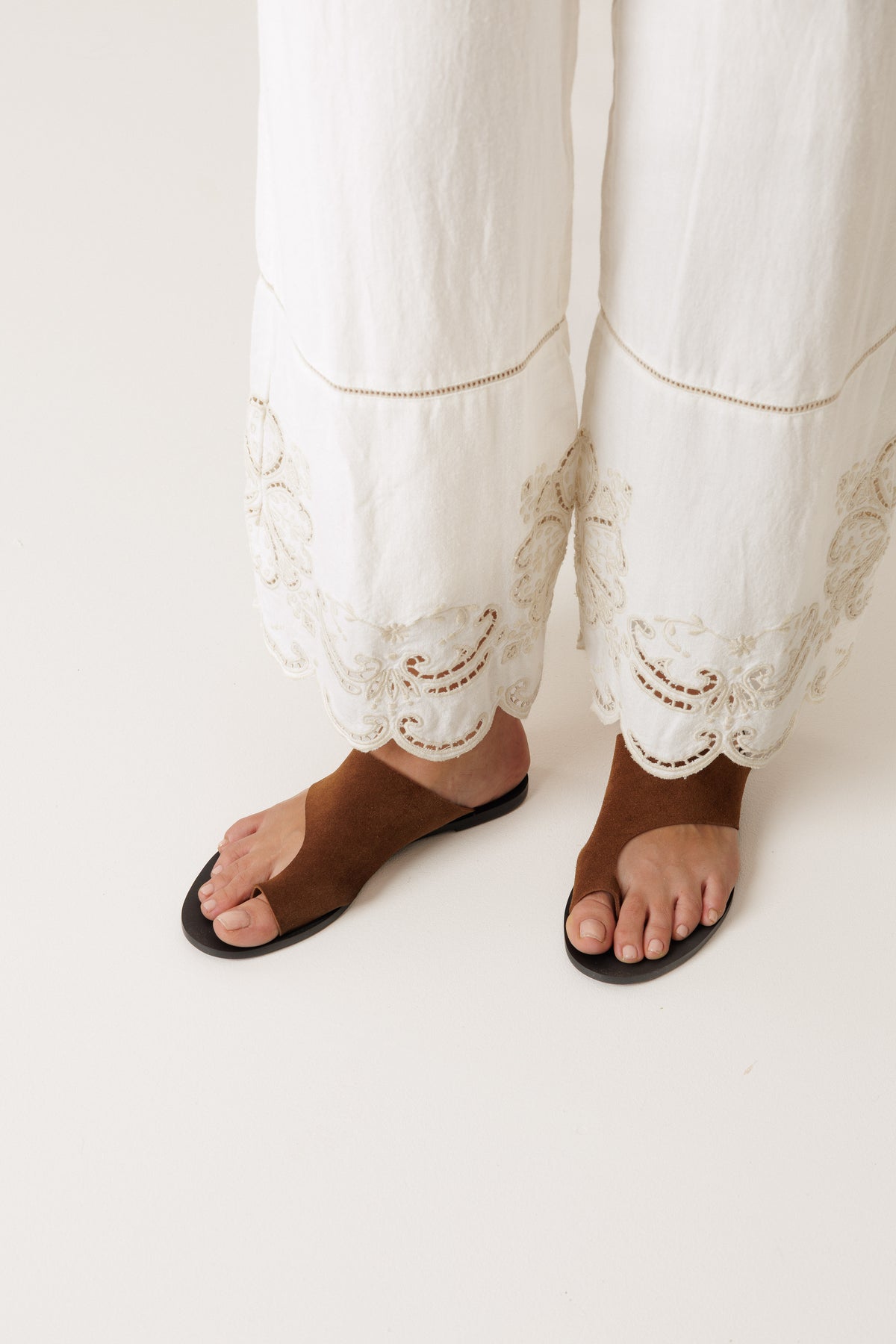 Embroidered Scalloped Hem Pants