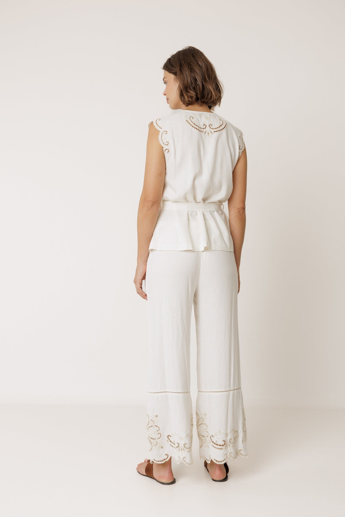 Embroidered Scalloped Hem Pants