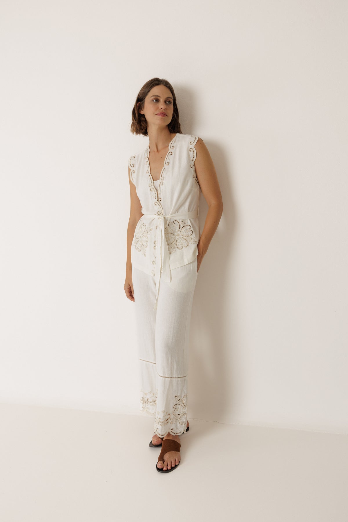 Embroidered Scalloped Hem Pants