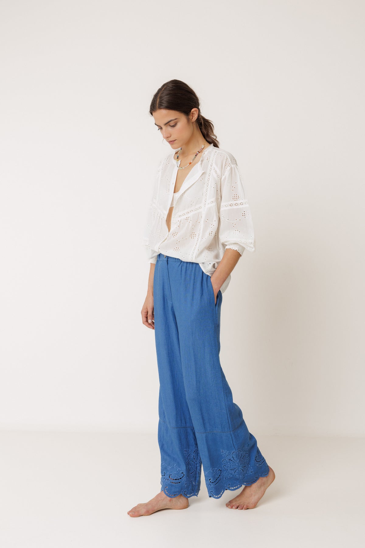 Embroidered Scalloped Hem Pants