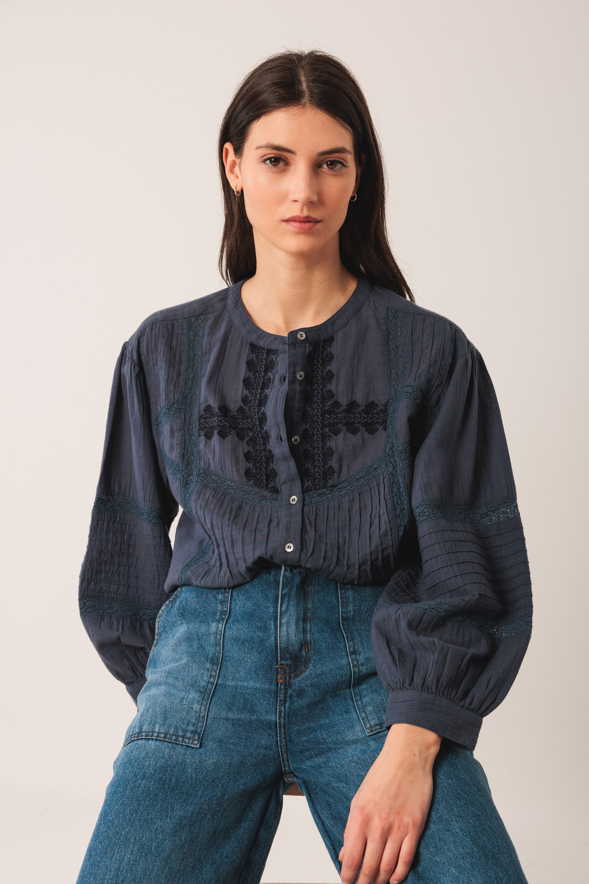 Embroidered  Lace Button up Blouse