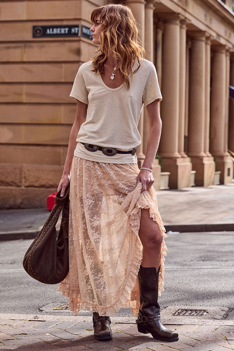 Labyrinth Lace Maxi Skirt - Peach Bliss