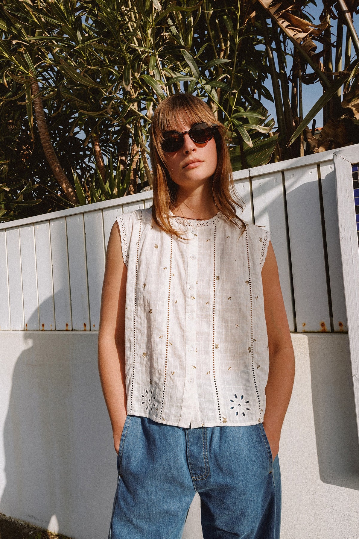 Sleeveless Cotton Dobby  Blouse