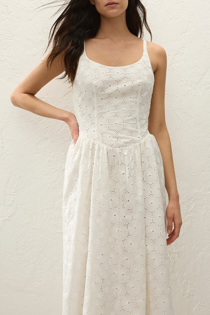 Milana Midi Dress- White Broderie