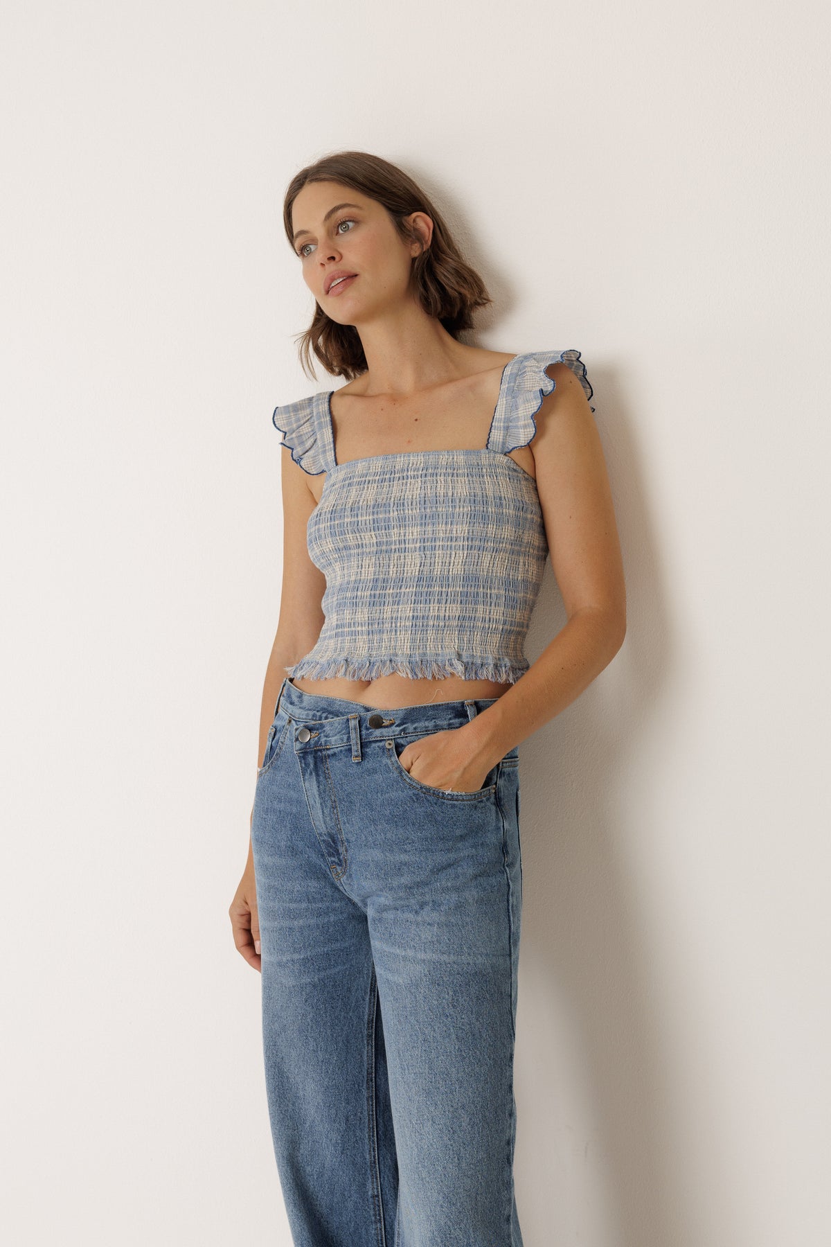 Cotton Check Cropped Top