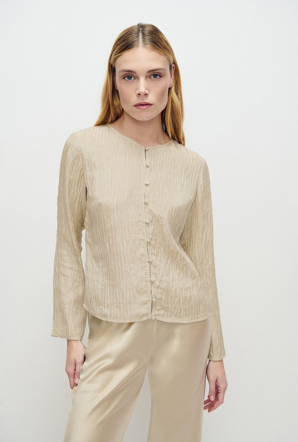 Crinkle Long Sleeve Top Hazelnut